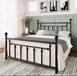 Queen Size Bed Frame Metal Platform with Victorian Vintage Headboard