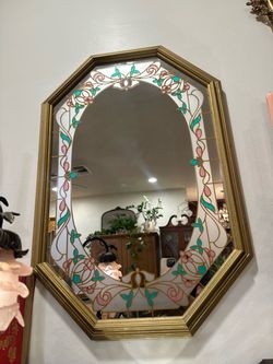 Octagonal Gold Wall Mirror with Floral Glass Border