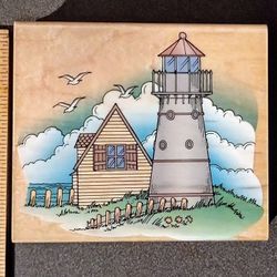 1996 Hero Arts Lighthouse Scene Seagulls Seaside Wood Mounted Rubber Stamp Art Vintage Collectible A-1