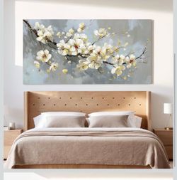 Large Beige Floral Canvas Wall Art 29x58 – Modern Neutral Decor