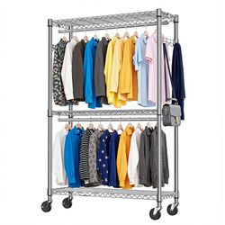 Heavy Duty Rolling Garment Rack 3 Tiers Adjustable Wire Shelving Clothes Rack with 2 Rods and Side Hooks,Storage Closet Clothing Rack with Wheels Chro