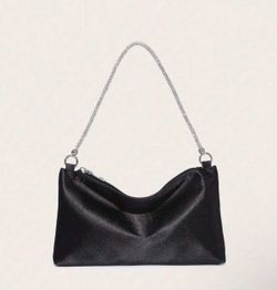 Black satin shoulder bag with silver chain strap