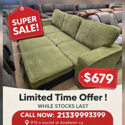 Green corduroy reversible sectional sleeper sofa with pull out bed 