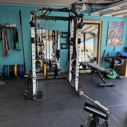 Major Fitness Squat Power Rack | Rubber Bumper Plates | 2 Barbells | Adjustable Bench