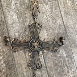 Vintage Brass Byzantine Cross Wall Hanging Sculpture Candle Holder 2 Headed Eagles