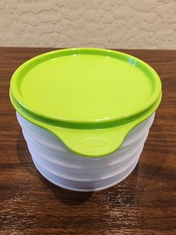 Brand New Old Stock Tupperware Hamburger Freezer Fridge Keepers x 4 with Lime Green Top Seal
