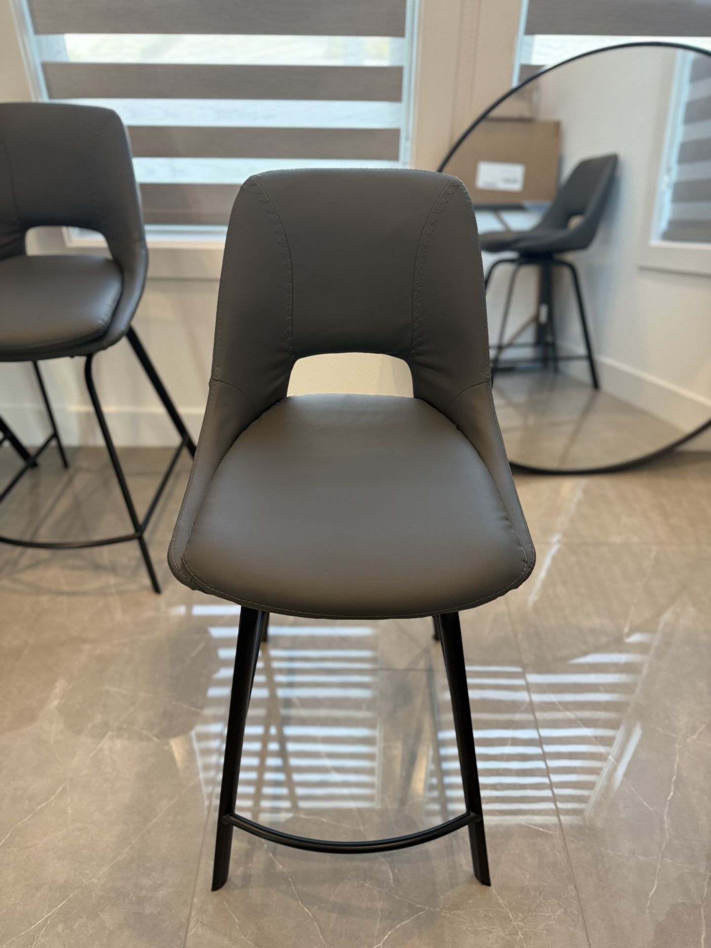 Leather And Brushed Stainless Steel Swivel Bar Stool (Like New)- Dark Grey 