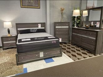 4 PCS QUEEN BEDROOM SET: QUEEN BED FRAME, NIGHTSTAND, DRESSER, MIRROR
