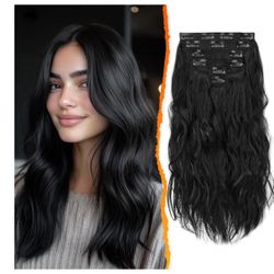 BARSDAR Wavy Black Clip in Hair Extensions - Black Wavy Clip in Hair Extensions for Women - 16 Inch 6 PCS Easy Wear Thick Soft Synthetic Natural Looki