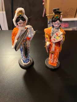Japanese Kimono Costume Doll Figurines Pair w/ Stands Orange Outfits 8 in