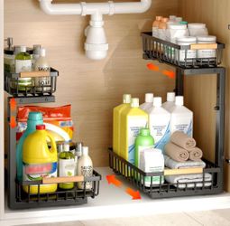 Under Sink Organizer, 2 Pack Under Sink Organizers and Storage, 2-Tier Pull Out Under Cabinet Organizer Storage Shelf, Metal Frame, Height Adjustable 