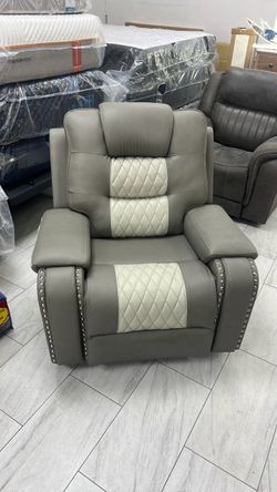 Gray Leather Recliner Chair with Nailhead Trim