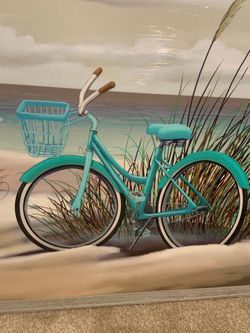 Beautiful canvas portrait of bicycle on sandy marsh and ocean background