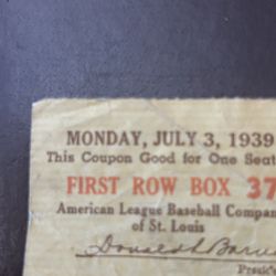 1939 AMERICAN BASEBALL LEAGUE TICKET/ COUPON