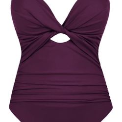 HILOR Burgundy One-Piece Twist Keyhole Swimsuit Women’s Size 16 NWT