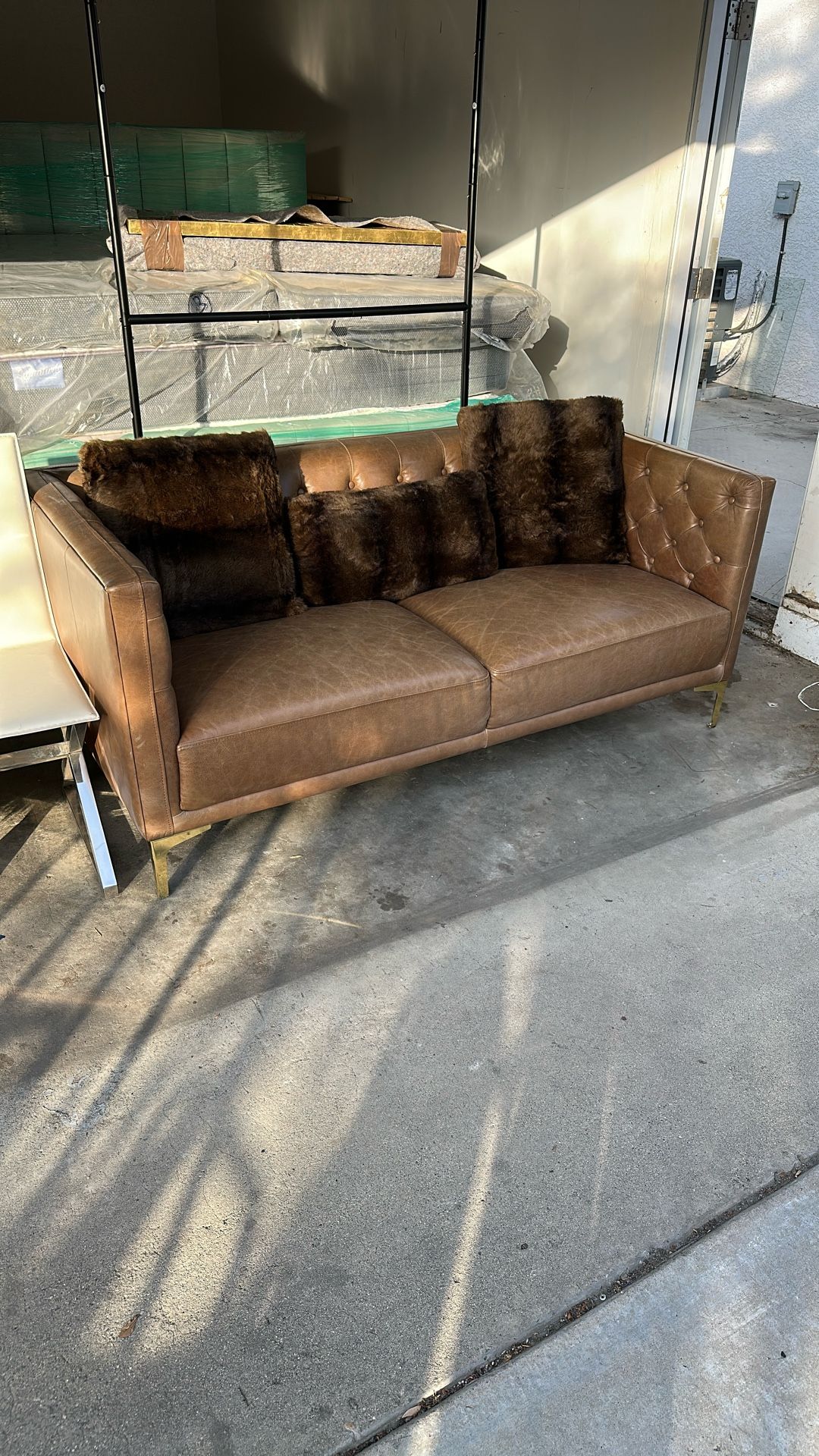 CB2 Savile Saddle Leather Tufted Apartment Sofa