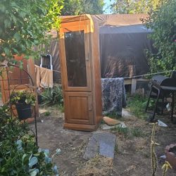 Two Tall Oak Cabinets With Lights And Shelves