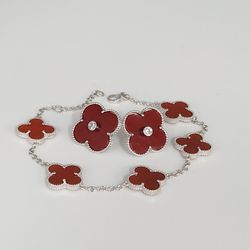 Elegant Set Of 925 Sterling Silver Red agate Flowers Earrings & Bracelet 8.2"