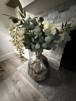 Metallic Vase w/ Faux Eucalyptus & Wisteria Flowers Decor