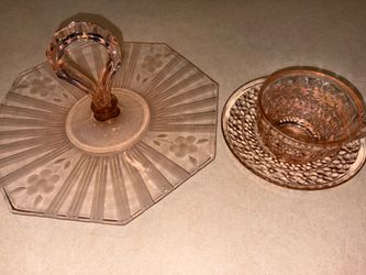 Pink glass tray and teacup/saucer