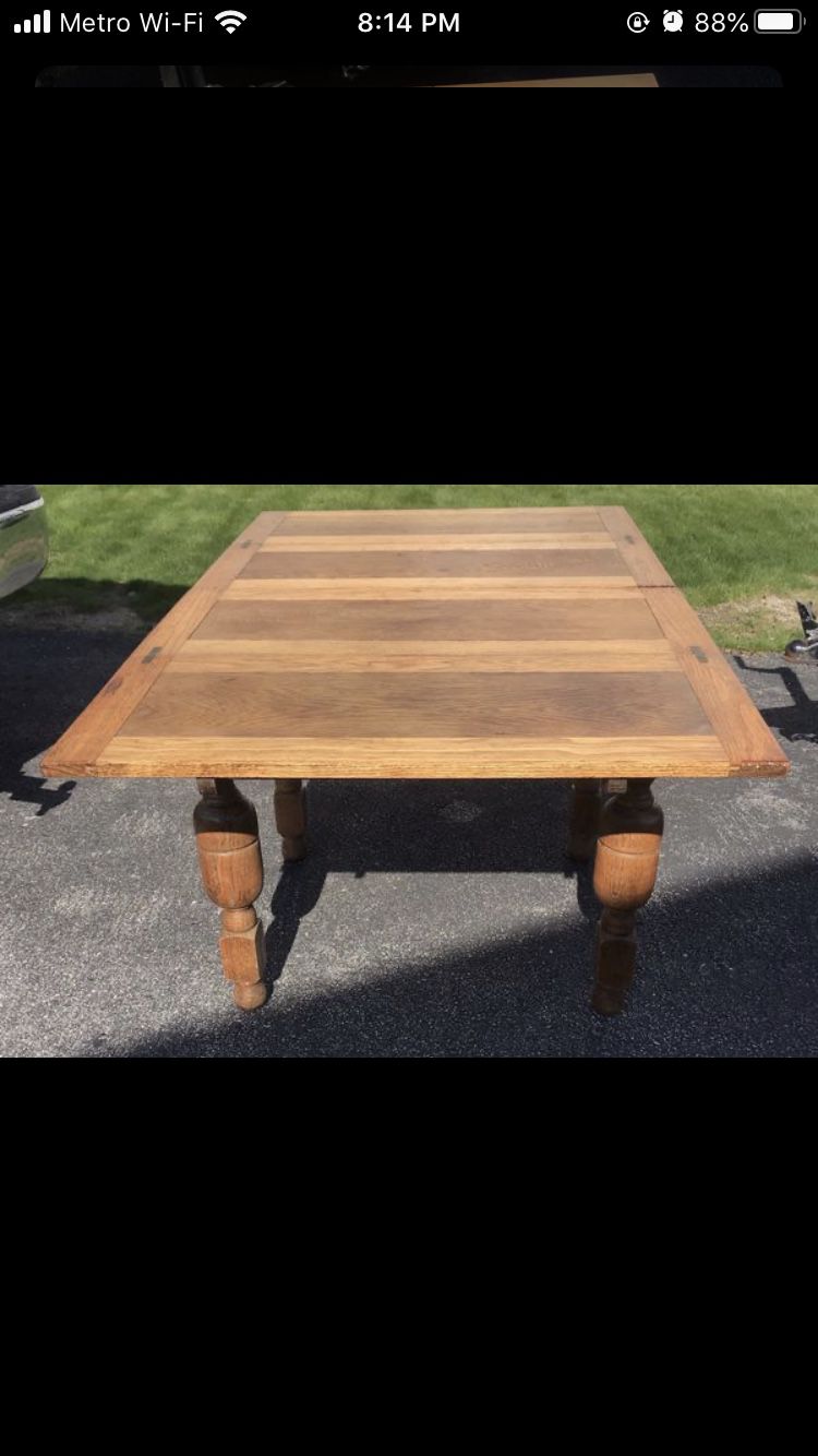 Dining Table Solid Oak, From 1800s With Leaf Extensions