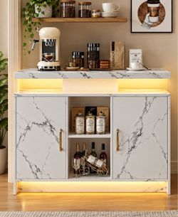 40" Coffee Bar Cabinet with Storage and Charging Station, LED Lights and 2 Adjustable Shelves for Kitchen and Dining Room (Marble).