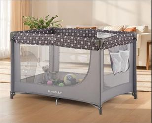 Pamo Babe Portable Crib Baby Playpen with Mattress and Carry Bag – Grey