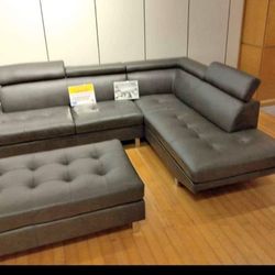 Hot Summer Sale Event. Ibiza Gray Leather Sectional With Ottoman Only $799. Easy Finance Option. Same-Day Delivery.