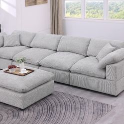 Large Extra Soft Light Gray Sectional Sofa 4-seat With Ottoman