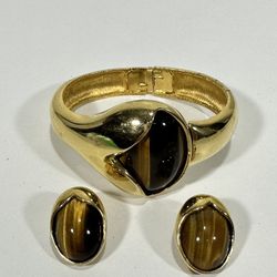 Vintage Signed Jomaz Gold Tone Tiger Eye Hinged Cuff Bracelet & Earrings Set