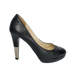 CHANEL Black Leather Platform Cap-Toe Pumps with Silver Heel