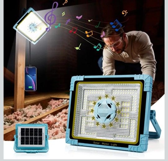 Solar Work Lights with Bluetooth Speaker 4 Lighting Modes 10000 Lumen LED 12000mAh IP66 Rechargeable Solar Outdoor Job Site Lighting Power Outages for