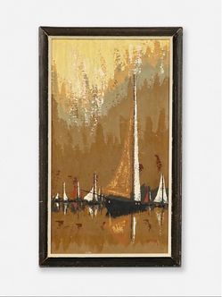 Jacques Henri Guyot French Mid-Century Modern Harbor Scene Oil Painting w/ Sailboats, c.1960's - Delivery Available