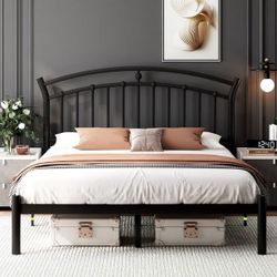 Queen Size Bed Frame with Headboard & Footboard, Noise-Free & Under-Bed Storage, Vintage Victorian Metal Platform, Black