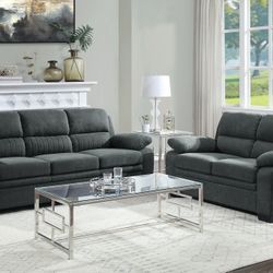 Brand New Gray Textured Linen Sofa + Loveseat 2PCs Set