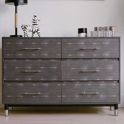 Grey Dresser for Bedroom, 6 Drawer Wood Dresser with Modern Storage Organizer, Wide Chest of Drawers for Clothes, Closet, Living Room