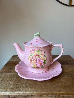 Certified International Josephine pink floral ceramic teapot and saucer set,