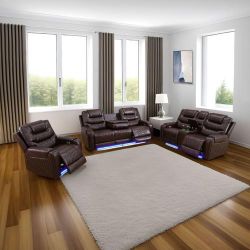Brown Leather Power Electric Recliner Sofa Set