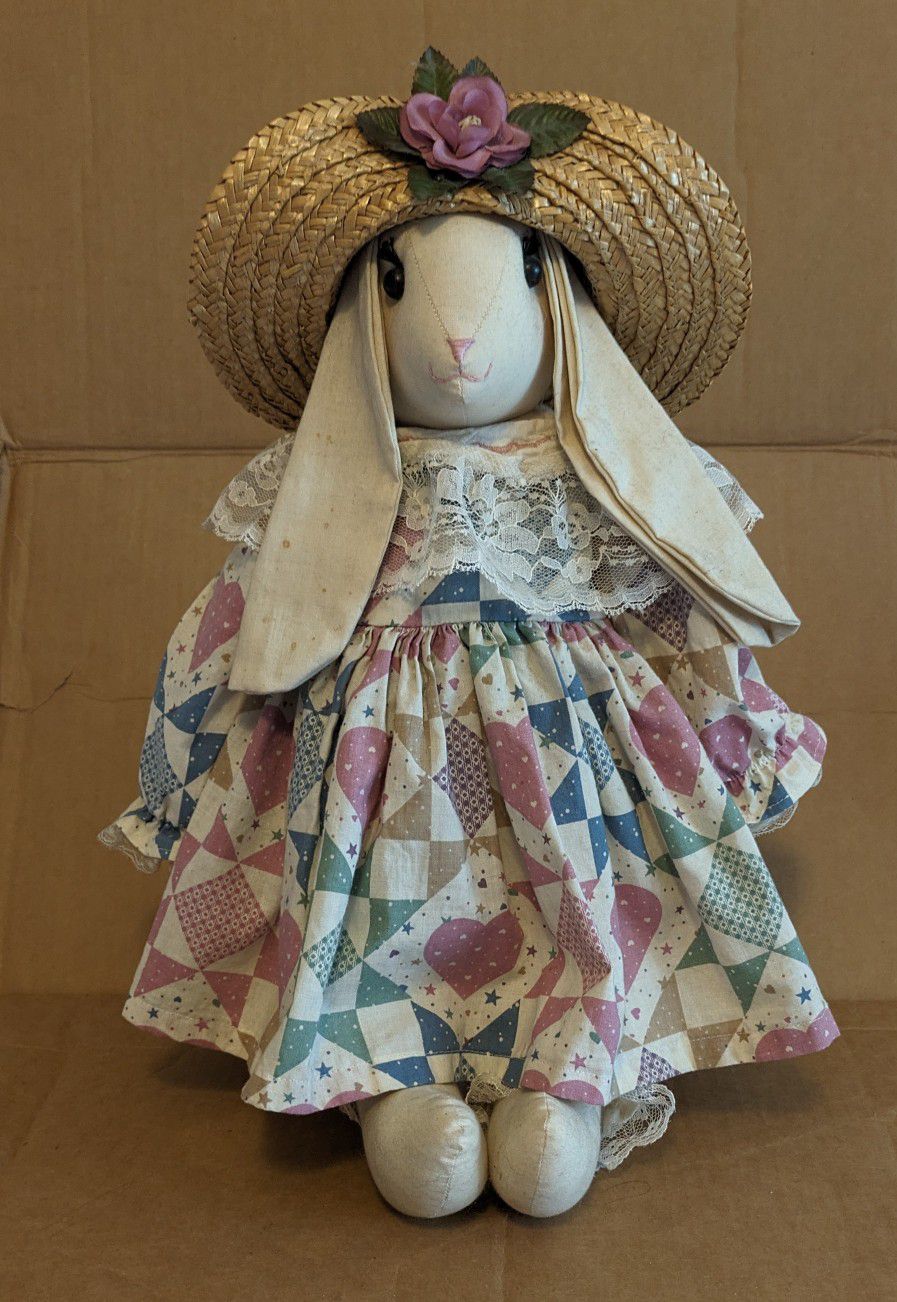 Bunny Handmade Dress Bloomers Straw Bonnet With Flower 20" x 12" Home Decor