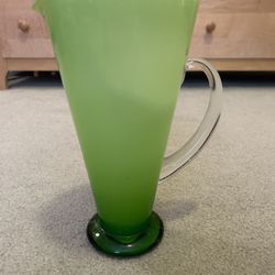 MCM Green Glass Pitcher White Cased 9 1/8” Tall