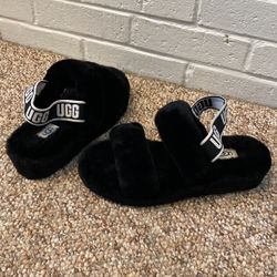 LADIES NEW UGG BLACK FLUFF WEDGE SANDAL SLIPPER