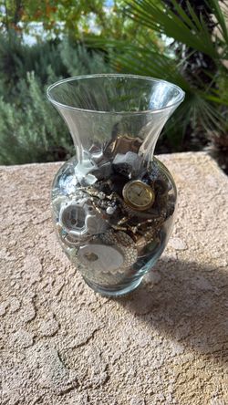 Clear Glass Vase with Mixed Jewelry Lot