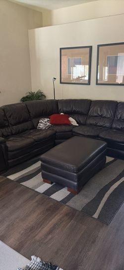 Brown Leather Sectional Sofa with Ottoman