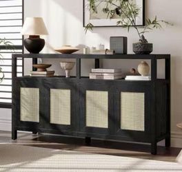 60”Rattan Sideboard Buffet Cabinet with 3-Adjustable Shelves for Living Dining Rooms Credenza Organizer,black