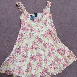New Xs small yellow floral short flair tank smocked button summer dress flower