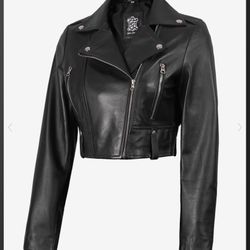 Women’s Black Leather Asymmetrical Lambskin Leather Cropped Moto Jacket 2X