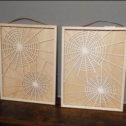 Set of 2 Wood 12" x 16" Spiderweb Halloween Sign