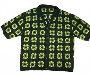 Crocket Knit Button Down Shirt 2XL Granny Square Green Fall Boho Cottage Dopamin