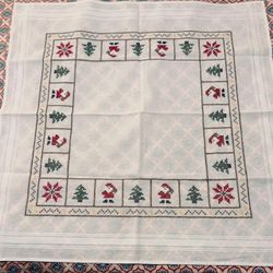 70’s Handmade German 30 x 30” White Cotton Cross-Stitched Christmas Tablecloth