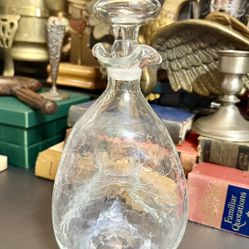 10” Vintage Handblown Blenko Clear Crackle Glass Pinched Decanter with Stopper